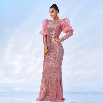 vivien sequin embellished puff sleeve bodycon maxi dress in pink