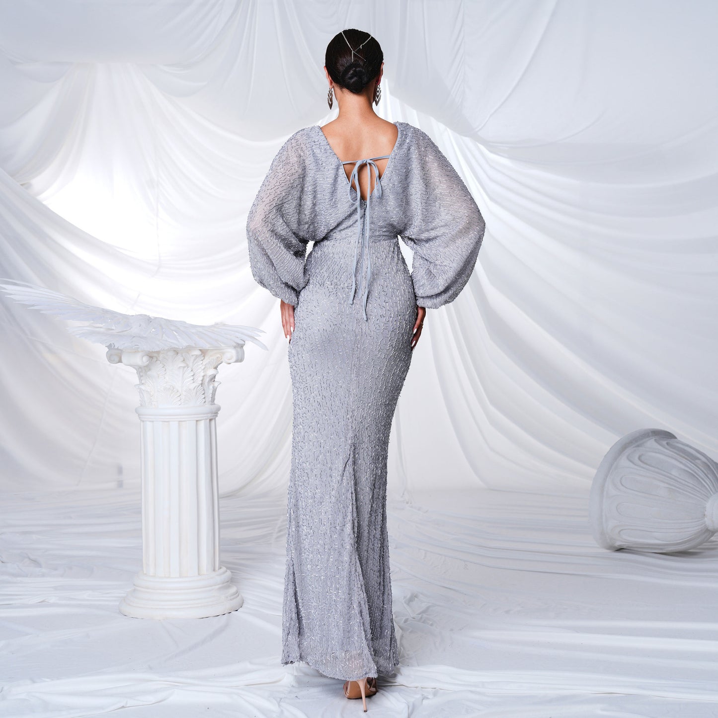 v neck puff sleeve high slit bodycon maxi dress