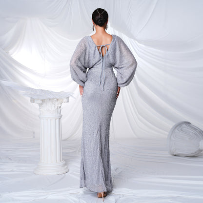 v neck puff sleeve high slit bodycon maxi dress