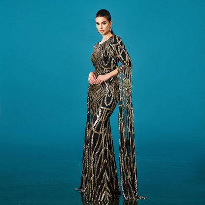 black gold Long-sleeved round-neck hip-wrapped mermaid evening dress