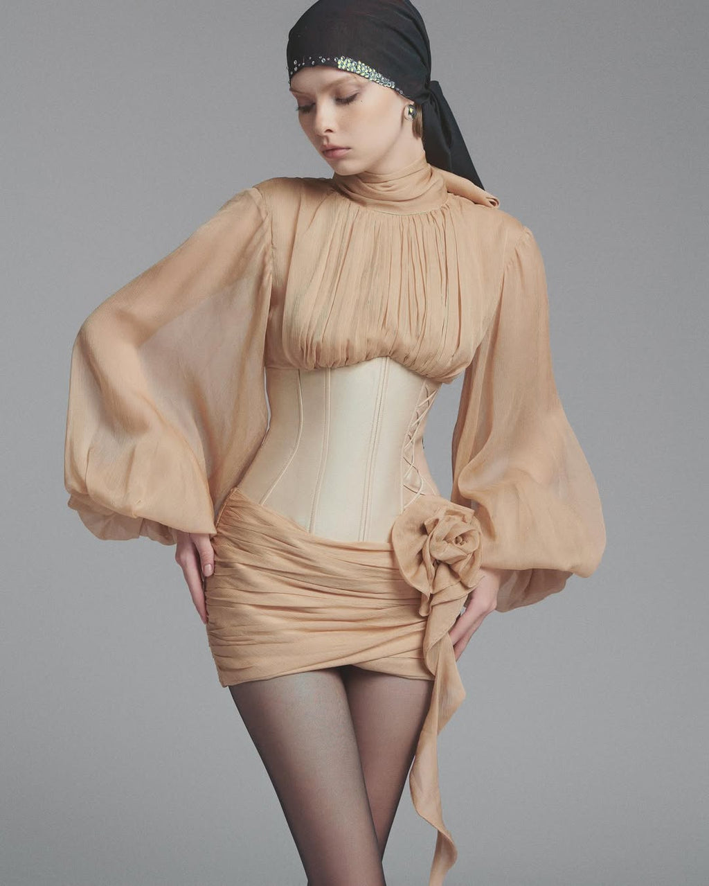 Floral Applique Corset Mini Dress in nude