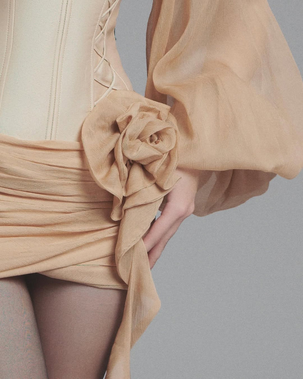 Floral Applique Corset Mini Dress in nude