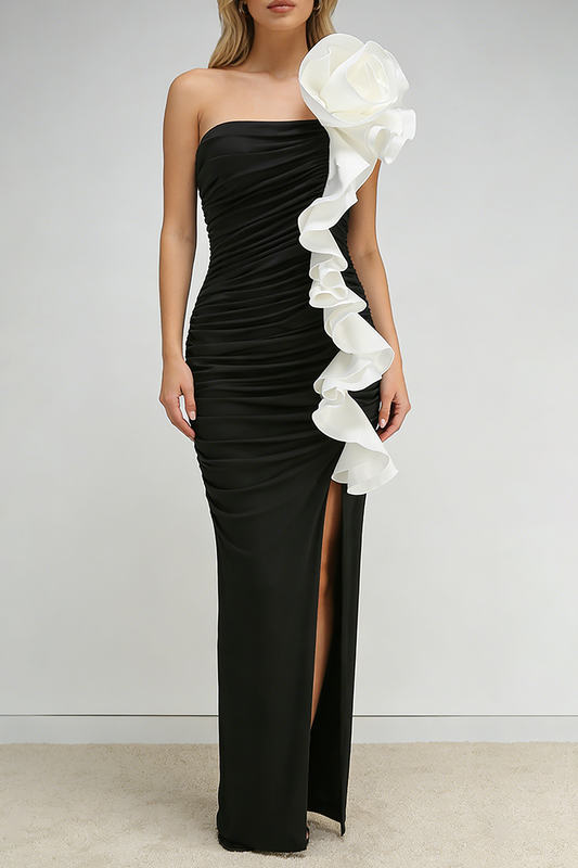 judy One Shoulder Peony Ruffle Gown in black