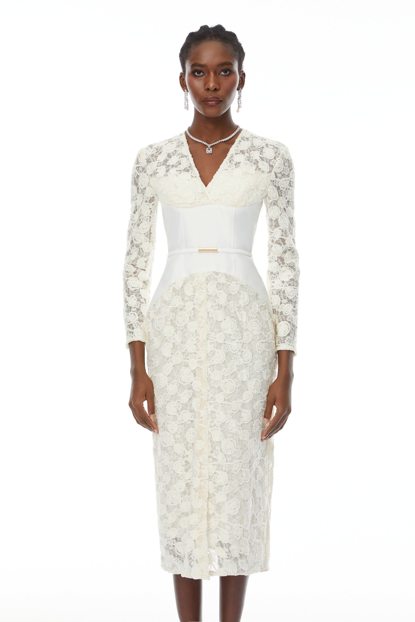 kimberley white v-neck lace patchwork midi dress