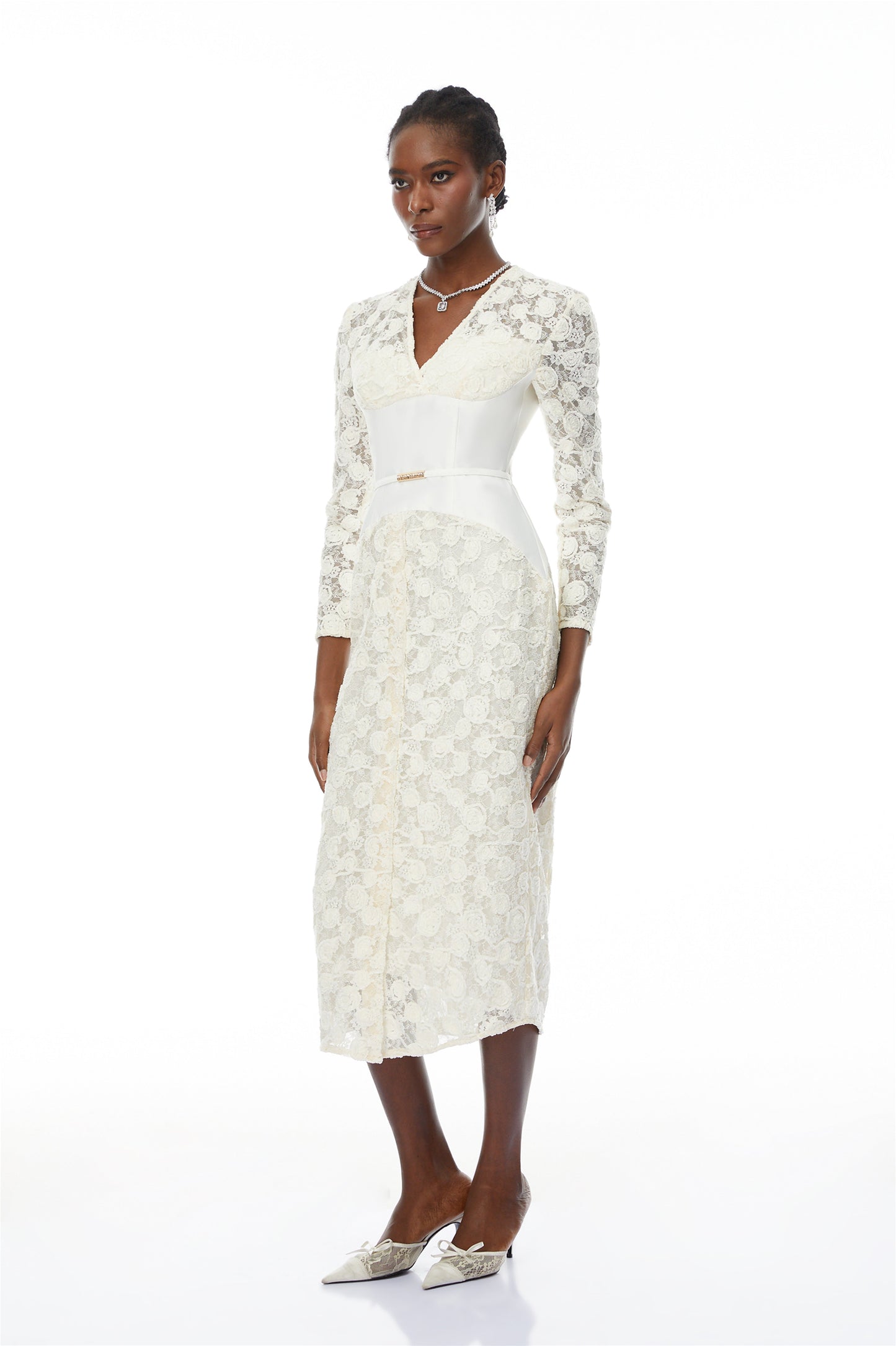 kimberley white v-neck lace patchwork midi dress
