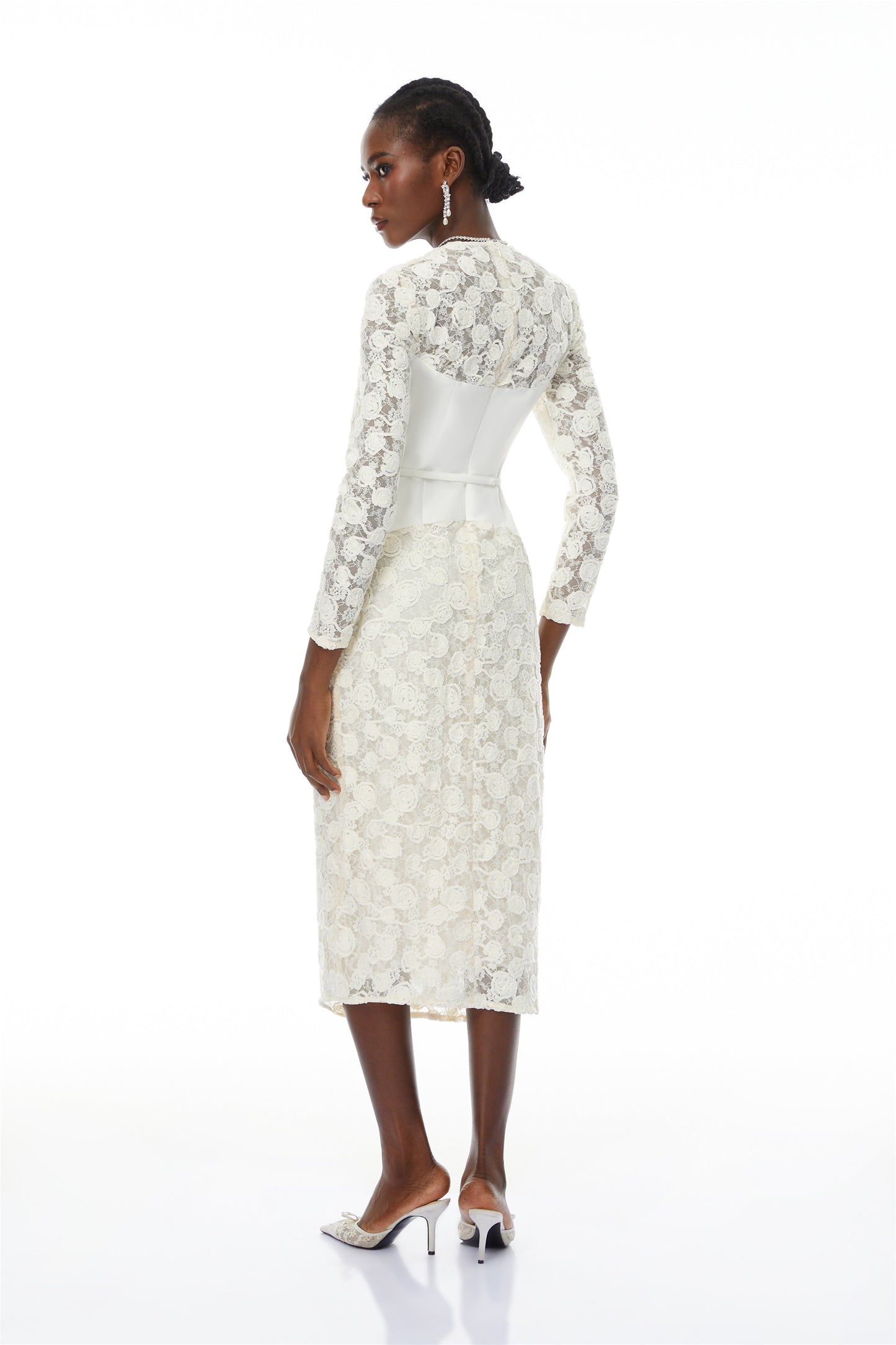 kimberley white v-neck lace patchwork midi dress