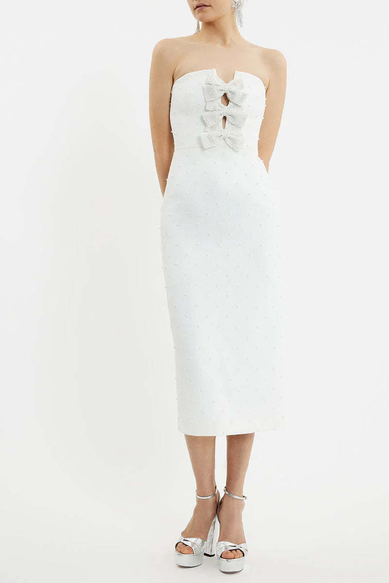 nancy pearl embellished bow midi dress in ivory