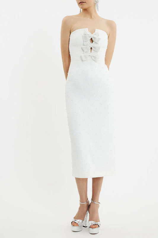 nancy pearl embellished bow midi dress in ivory