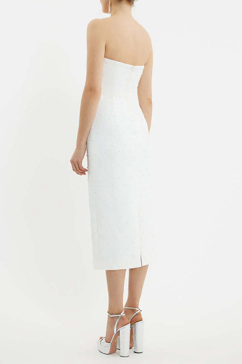 nancy pearl embellished bow midi dress in ivory