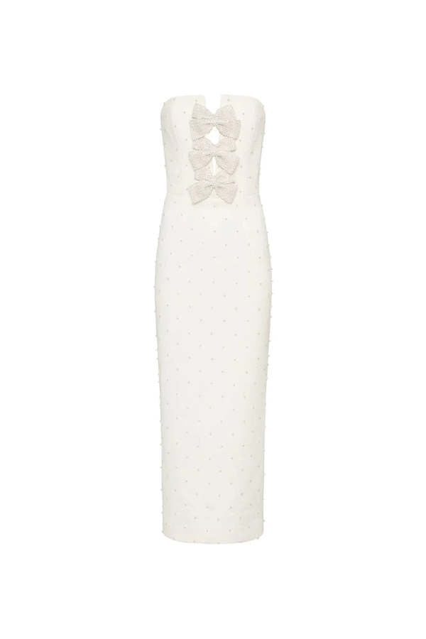 nancy pearl embellished bow midi dress in ivory