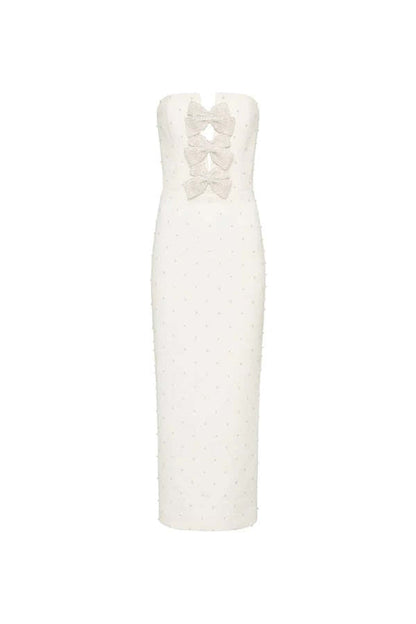 nancy pearl embellished bow midi dress in ivory