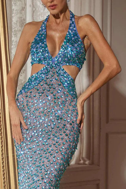 Orenthal Halterneck Rhinestone Cutout Maxi Dress