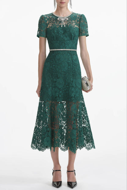 Green Lace Diamante Bow Midi Dress