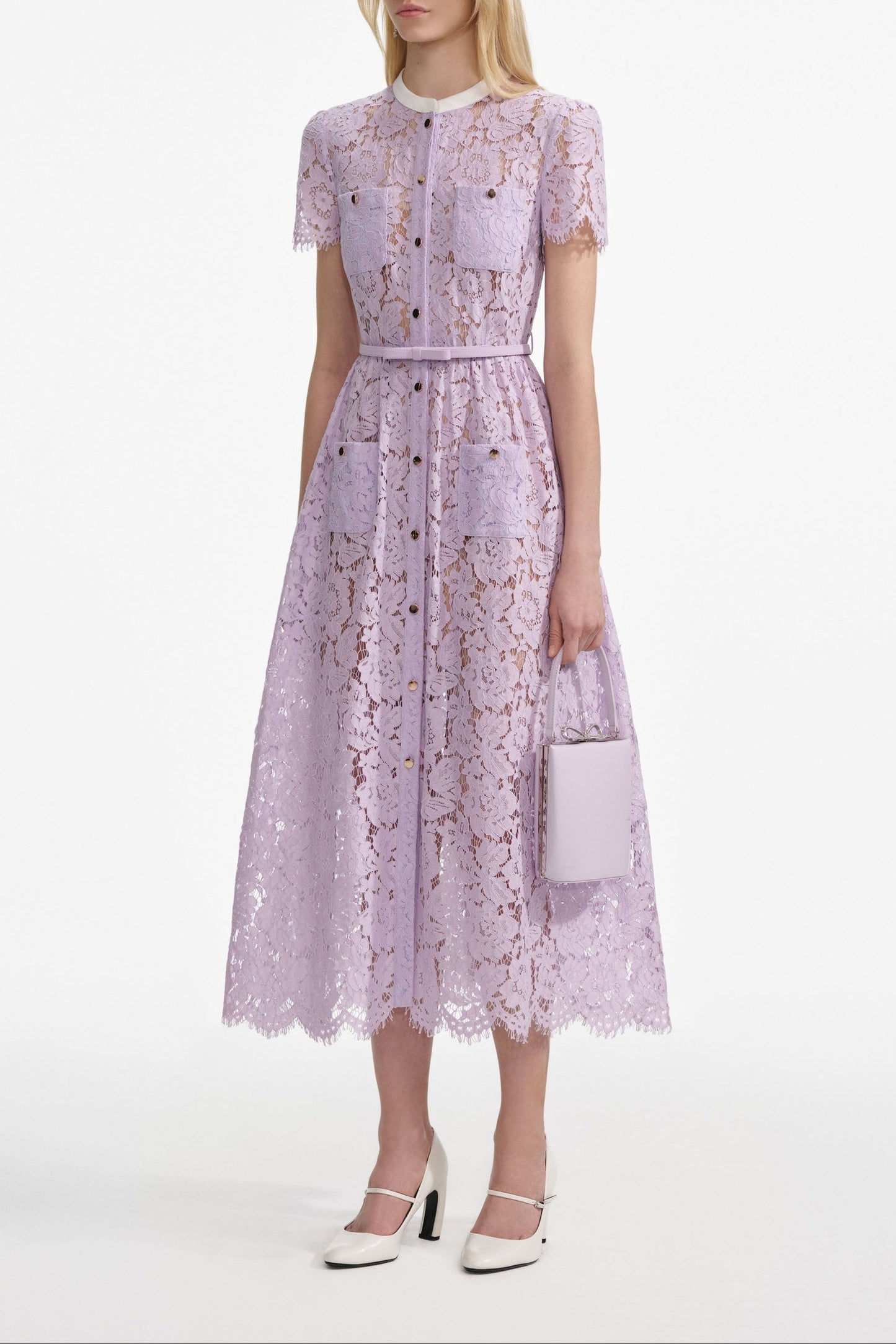 Lilac Lace Button Front Midi Dress