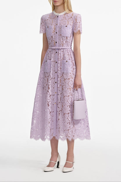 Lilac Lace Button Front Midi Dress