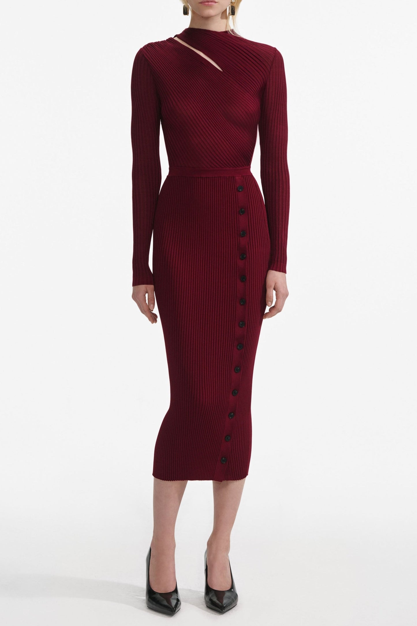 tiffany Burgundy Cut Out Rib Knit Midi Dress