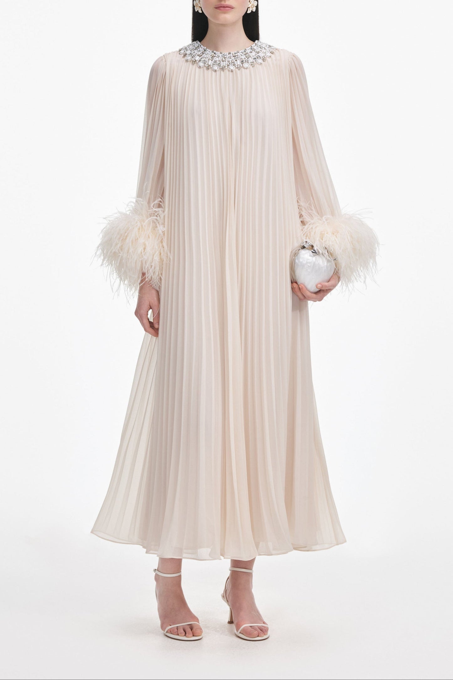 Cream Chiffon Feather Midi Dress