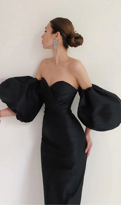 PUFF SLEEVE MIDI DRESS IN BLACK