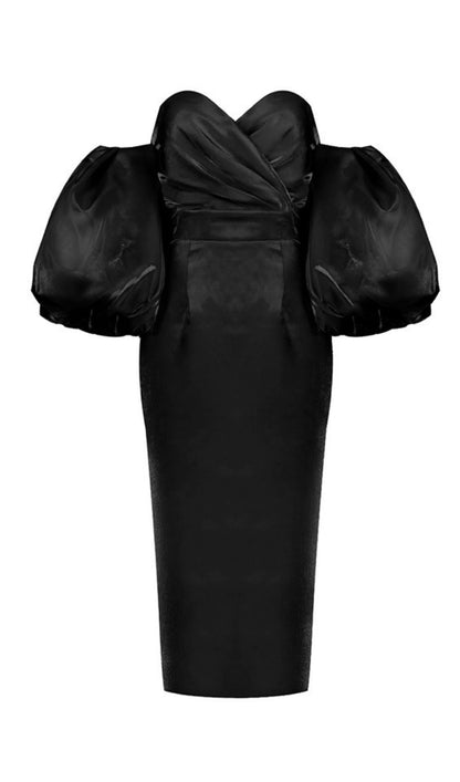 PUFF SLEEVE MIDI DRESS IN BLACK