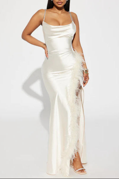 Isabella Feather Trim Satin Gown - Cream