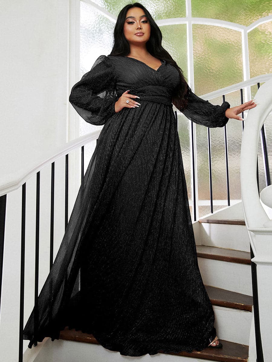 Plus Size Backless V Neck Tulle Maxi Dress