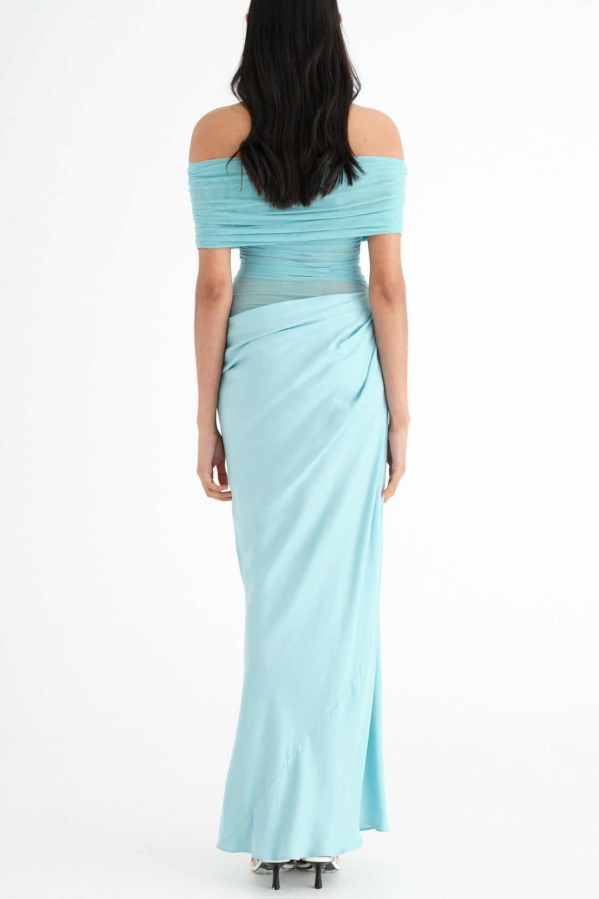 Reanko Off Shoulder Ruched Mesh Maxi Dress - Blue