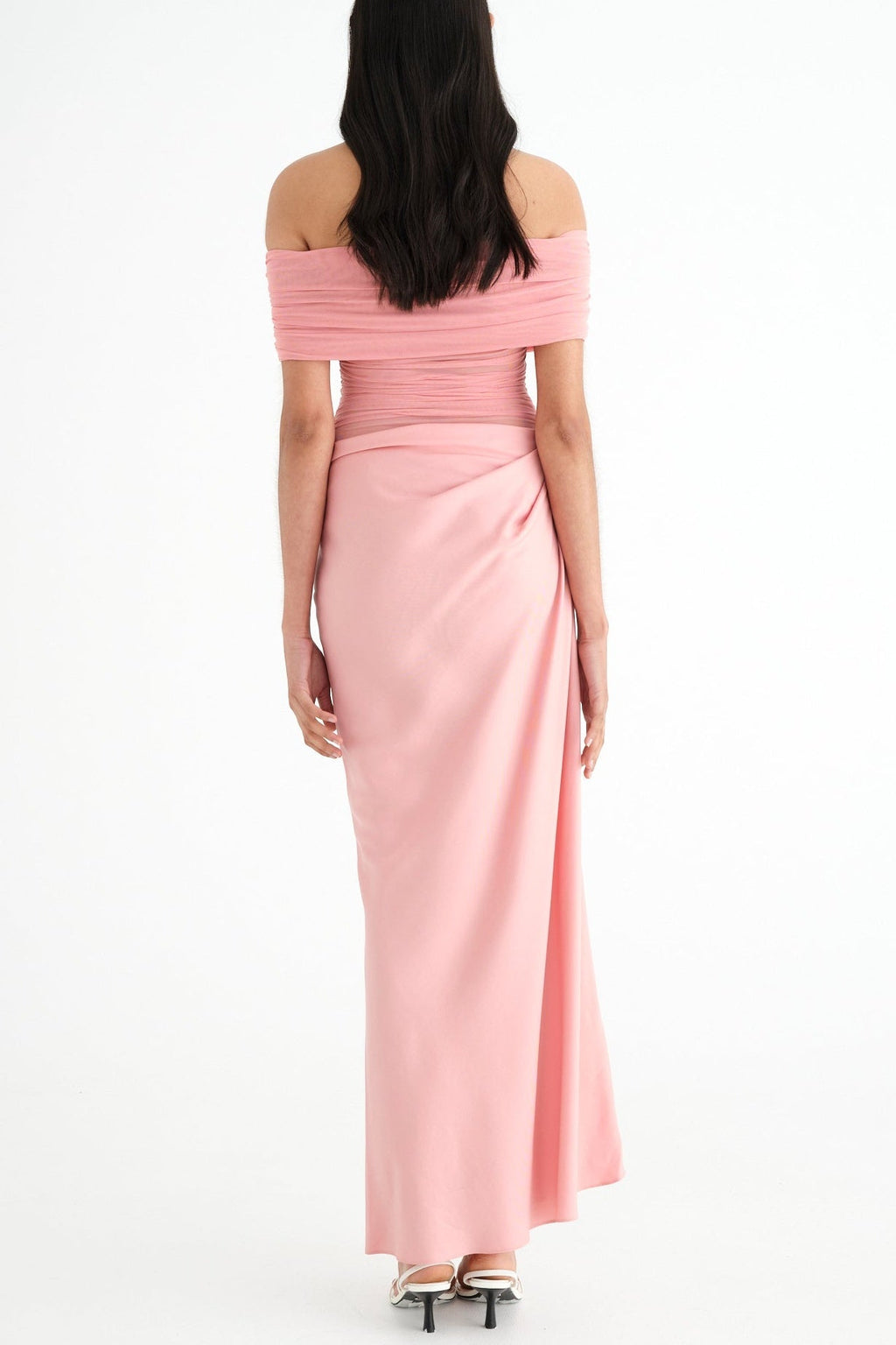 Reanko Off Shoulder Ruched Mesh Maxi Dress - Pink