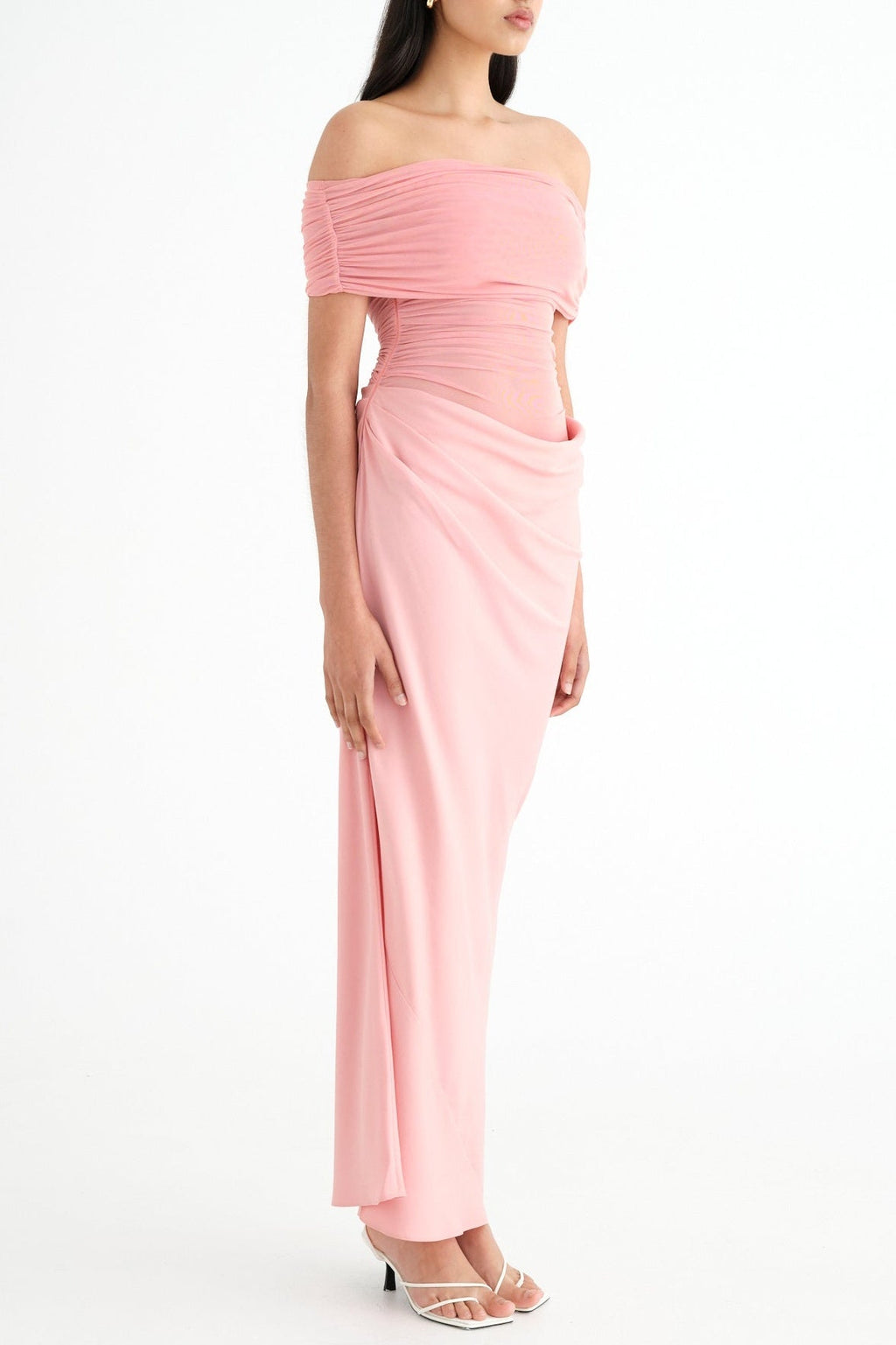 Reanko Off Shoulder Ruched Mesh Maxi Dress - Pink