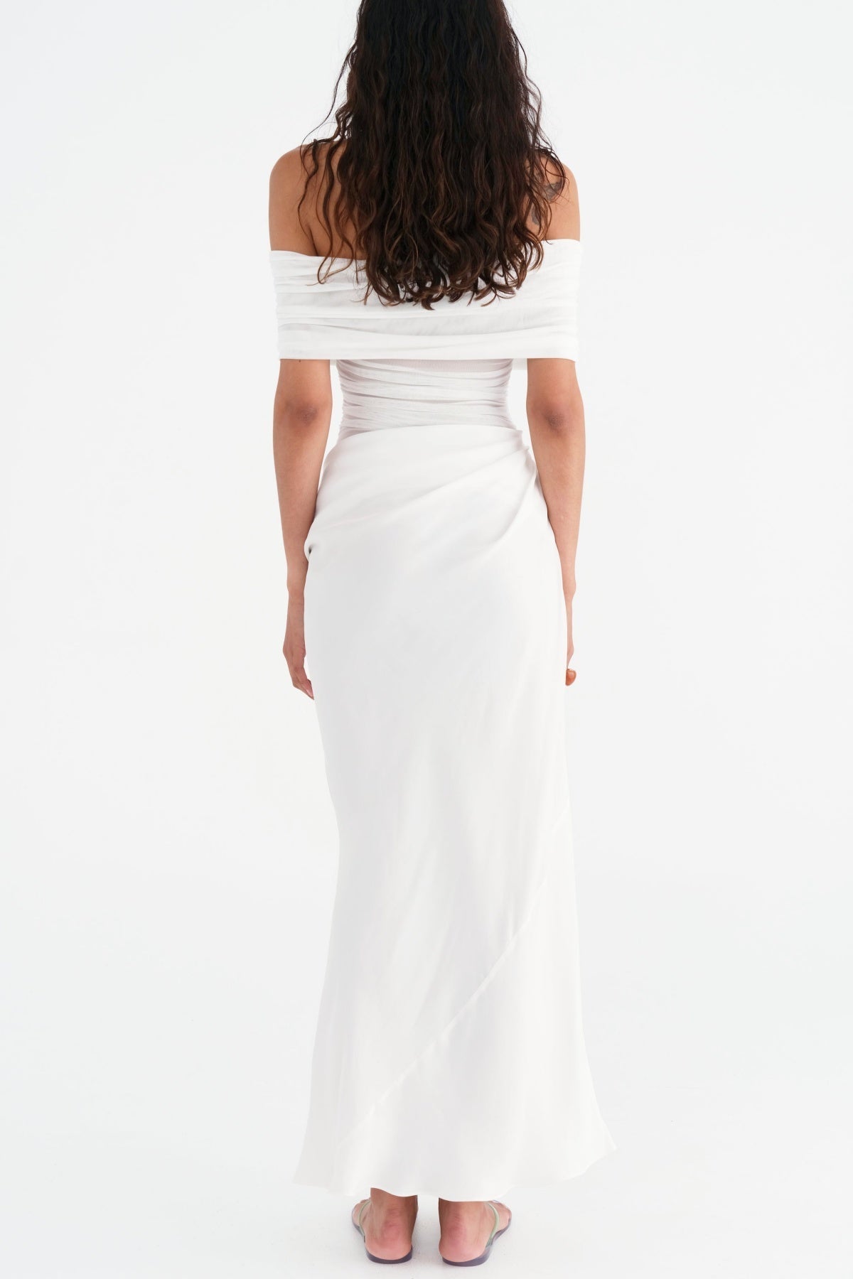 Reanko Off Shoulder Ruched Mesh Maxi Dress - White
