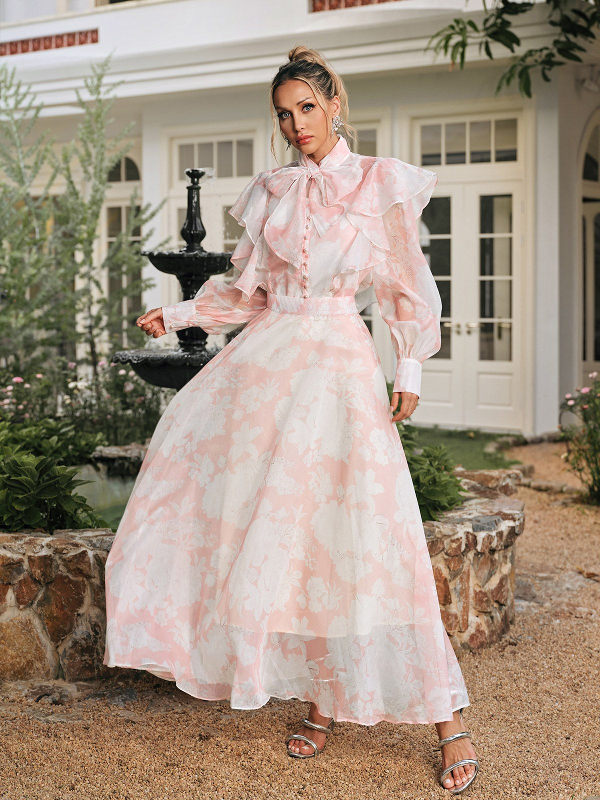 amanda High Neck Floral Organza Blouse maxi skirt set in pink