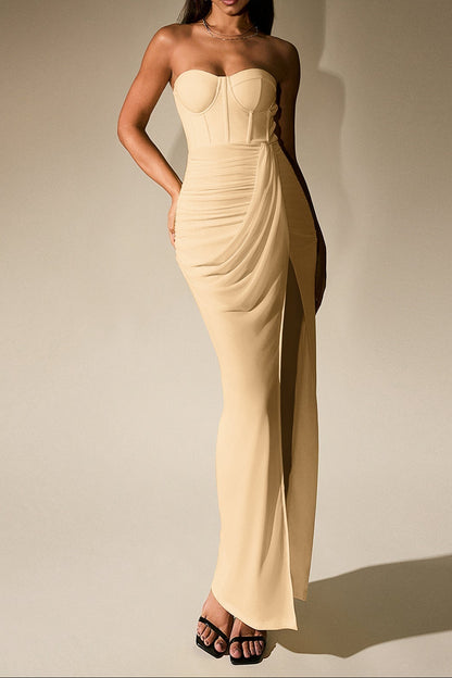 Ruched Corset Split Hem Mesh Tube Dress