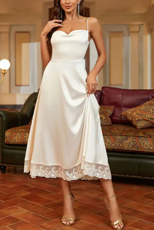 Satin lace panelled suspender midi dress in white