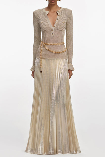 ellen Gold Lurex Ribbed Knit Maxi Dress