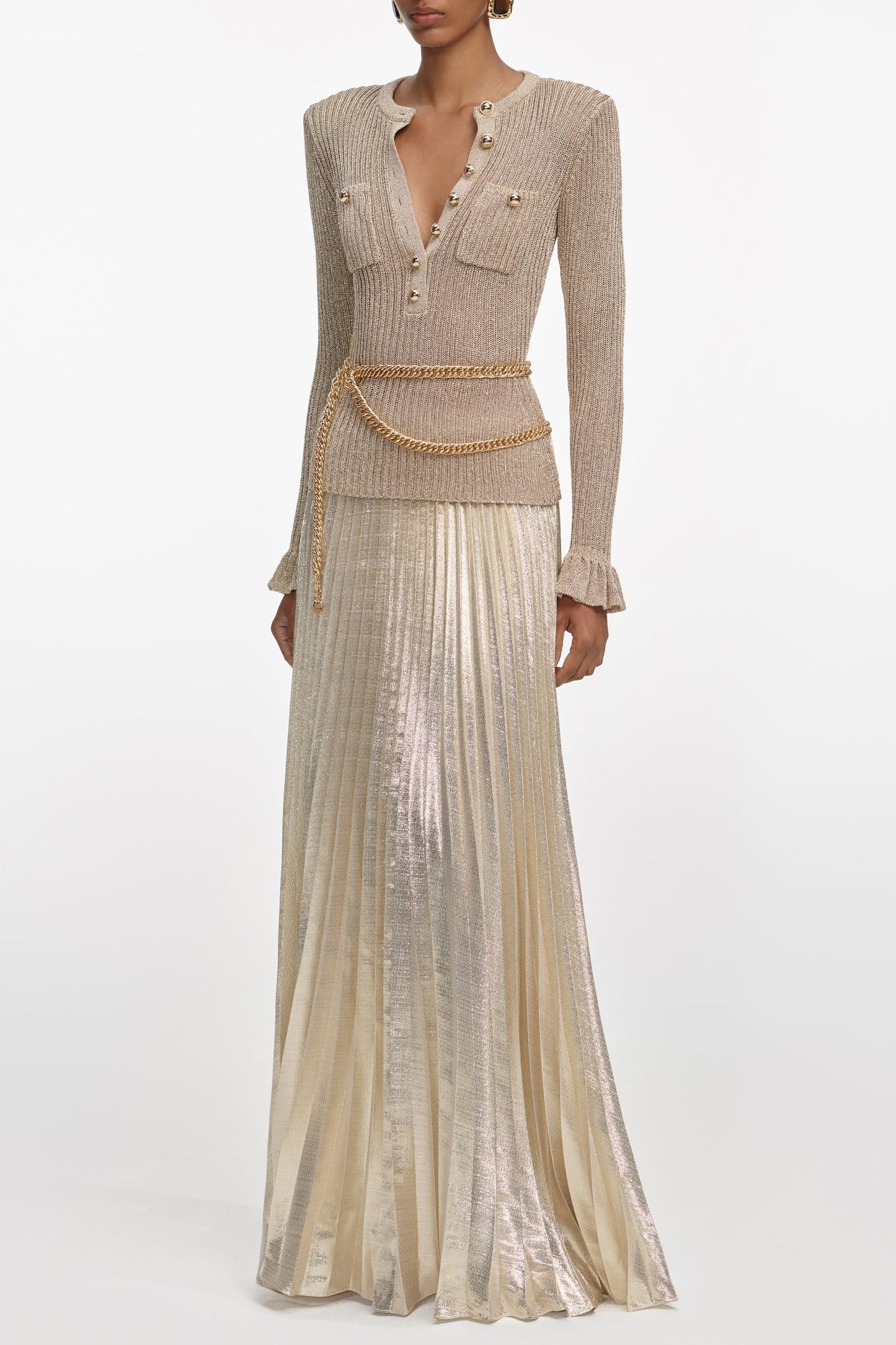 ellen Gold Lurex Ribbed Knit Maxi Dress