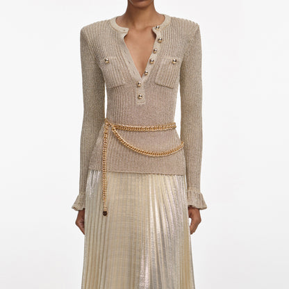 ellen Gold Lurex Ribbed Knit Maxi Dress