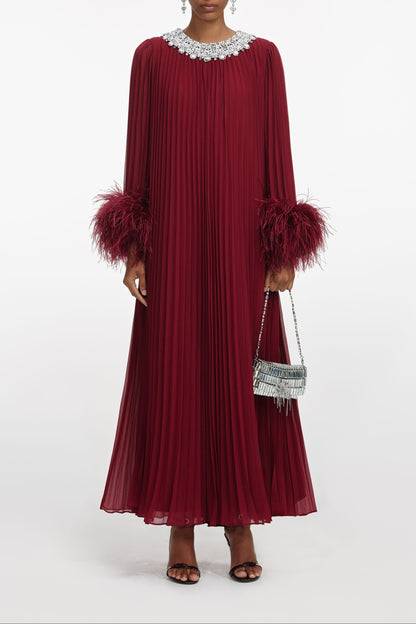 Burgundy Chiffon Feather Midi Dress