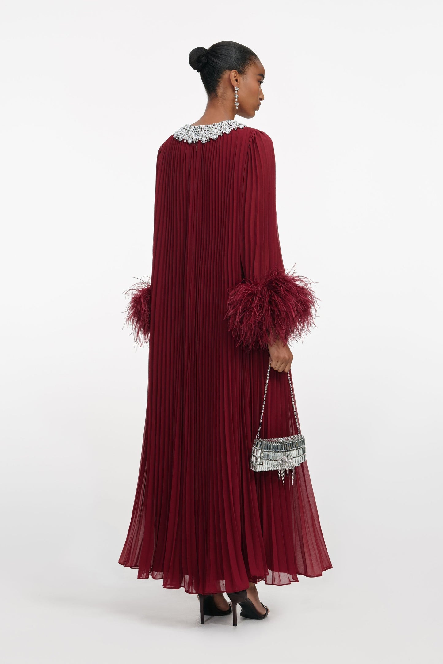 Burgundy Chiffon Feather Midi Dress