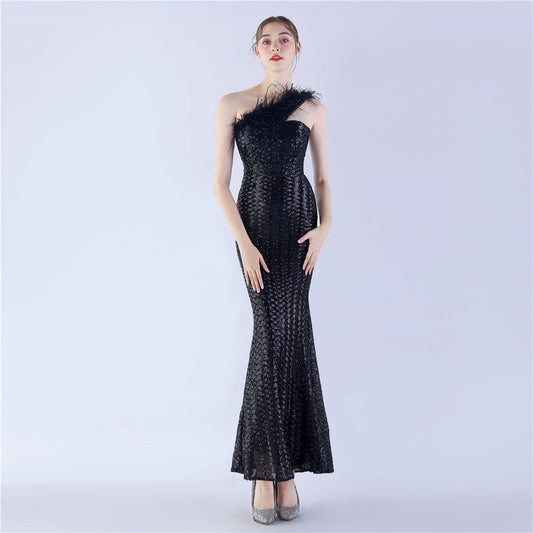 Ostrich Fur One-Shoulder Slant Neck Beaded Maxi Formal Dress