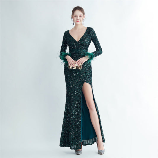 Split Long Sleeve Sequin Formal Dress