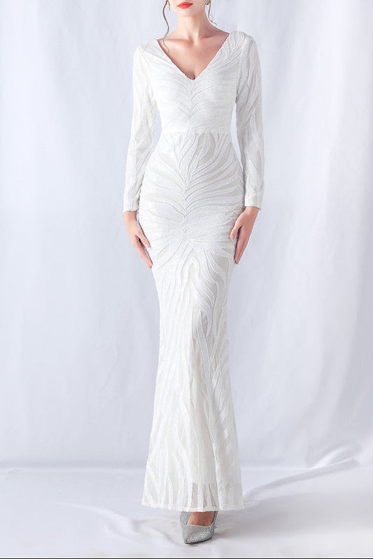 Long Sleeve Beaded Formal Dress