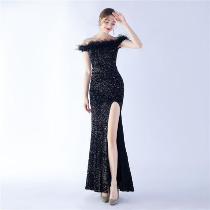 Fur One Shoulder Formal Dress