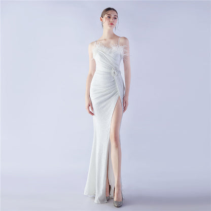 Fur Crafted Flower Formal Dress