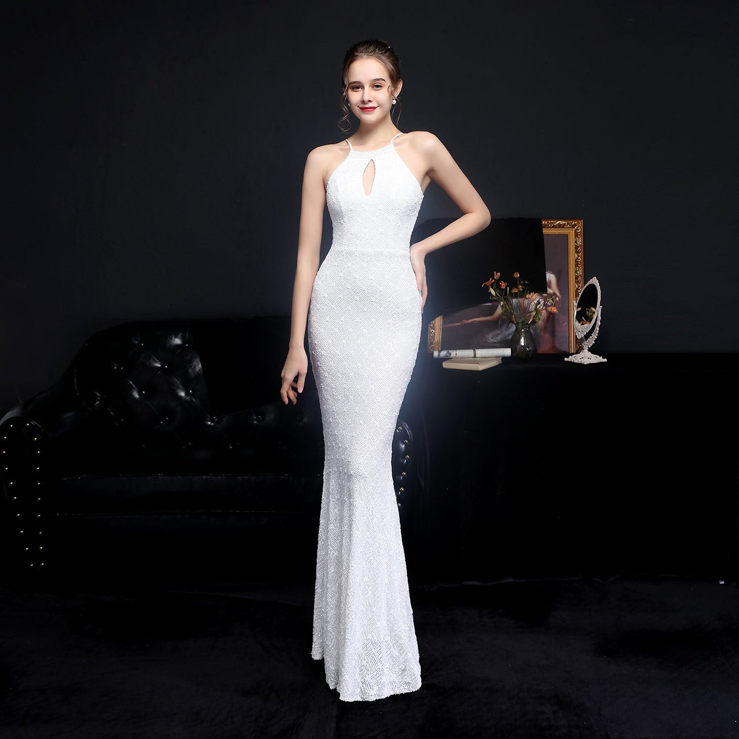 Long Neck Stapled Formal Dresses