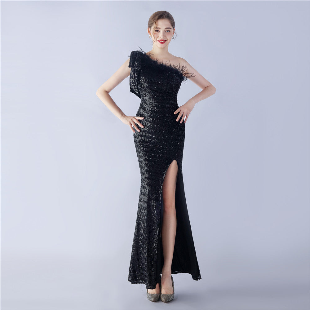 Fur Sequin One Shoulder Formal Dress