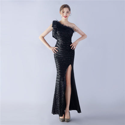 Fur Sequin One Shoulder Formal Dress