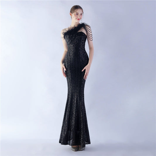 Ostrich Fur Illusion Beaded Formal Dress