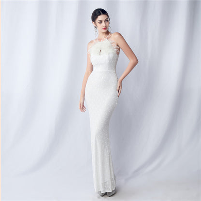 Camel hair and lattice beaded formal dresses