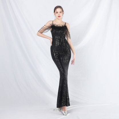 Ostrich Fur Illusion Beaded Formal Dress