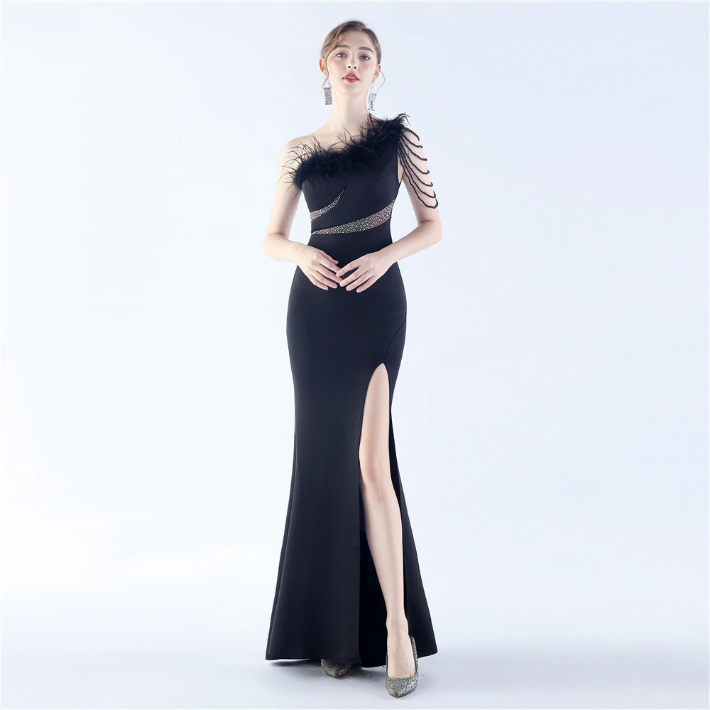 Fur Slant Neck One Shoulder Formal Dress