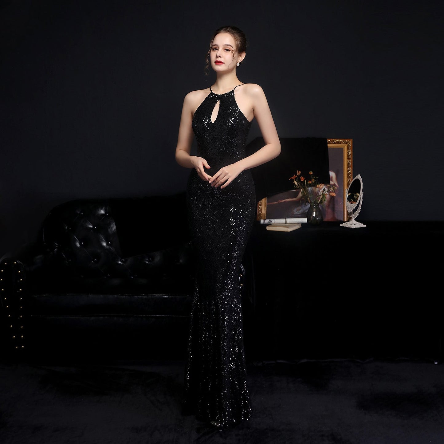 Long Neck Stapled Formal Dresses